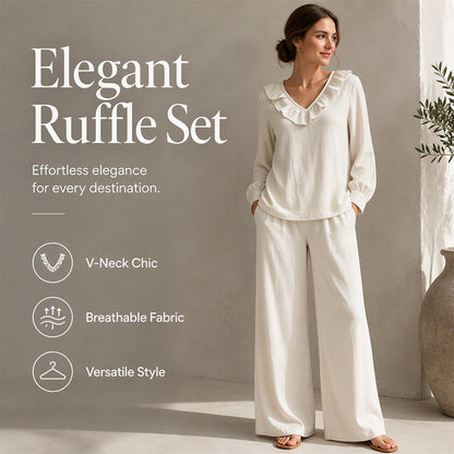 Ensemble deux pièces pour femme, style vacances, col en V : haut ample à manches longues et pantalon à jambes larges