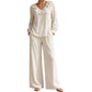 Ensemble deux pièces pour femme, style vacances, col en V : haut ample à manches longues et pantalon à jambes larges