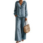 Ensemble deux pièces pour femme, style vacances, col en V : haut ample à manches longues et pantalon à jambes larges