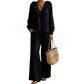 Ensemble deux pièces pour femme, style vacances, col en V : haut ample à manches longues et pantalon à jambes larges