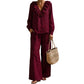 Ensemble deux pièces pour femme, style vacances, col en V : haut ample à manches longues et pantalon à jambes larges