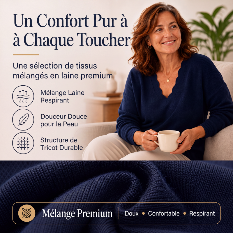 Pull en maille pour femme, col V bordé de festons