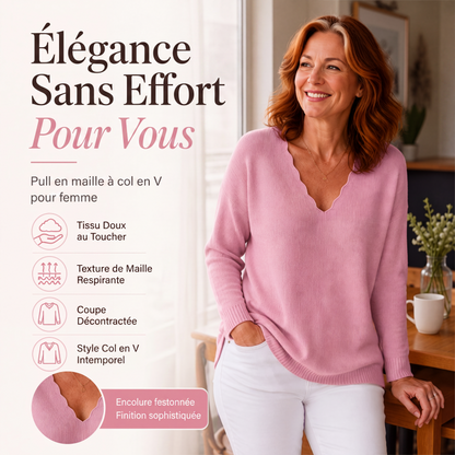 Pull en maille pour femme, col V bordé de festons