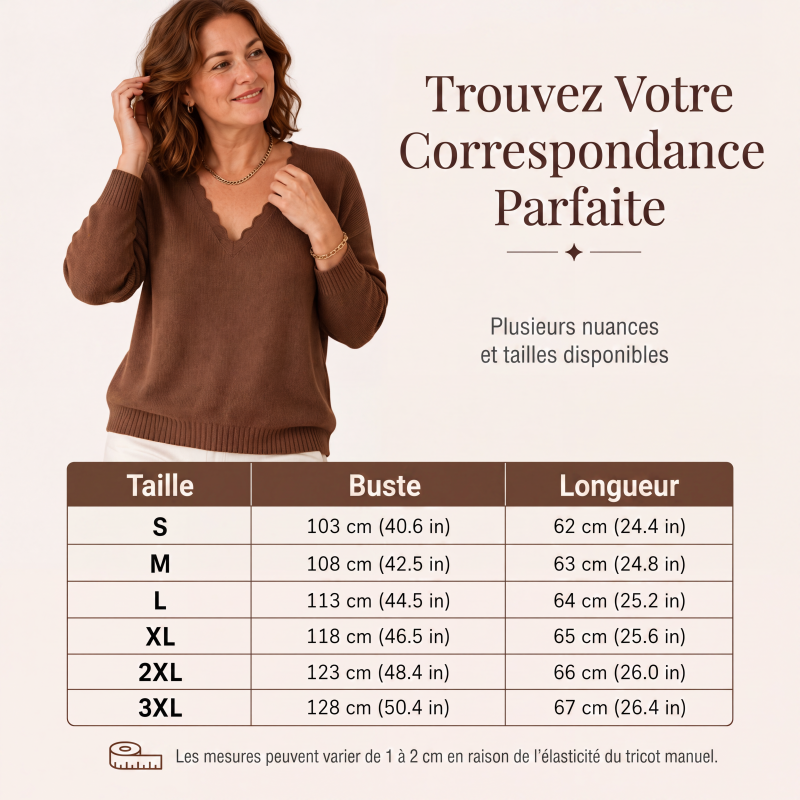 Pull en maille pour femme, col V bordé de festons