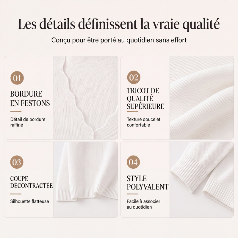 Pull en maille pour femme, col V bordé de festons
