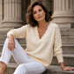 Pull en maille pour femme, col V bordé de festons