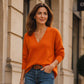 Pull en maille pour femme, col V bordé de festons