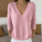 Pull en maille pour femme, col V bordé de festons