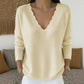 Pull en maille pour femme, col V bordé de festons