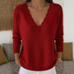 Pull en maille pour femme, col V bordé de festons