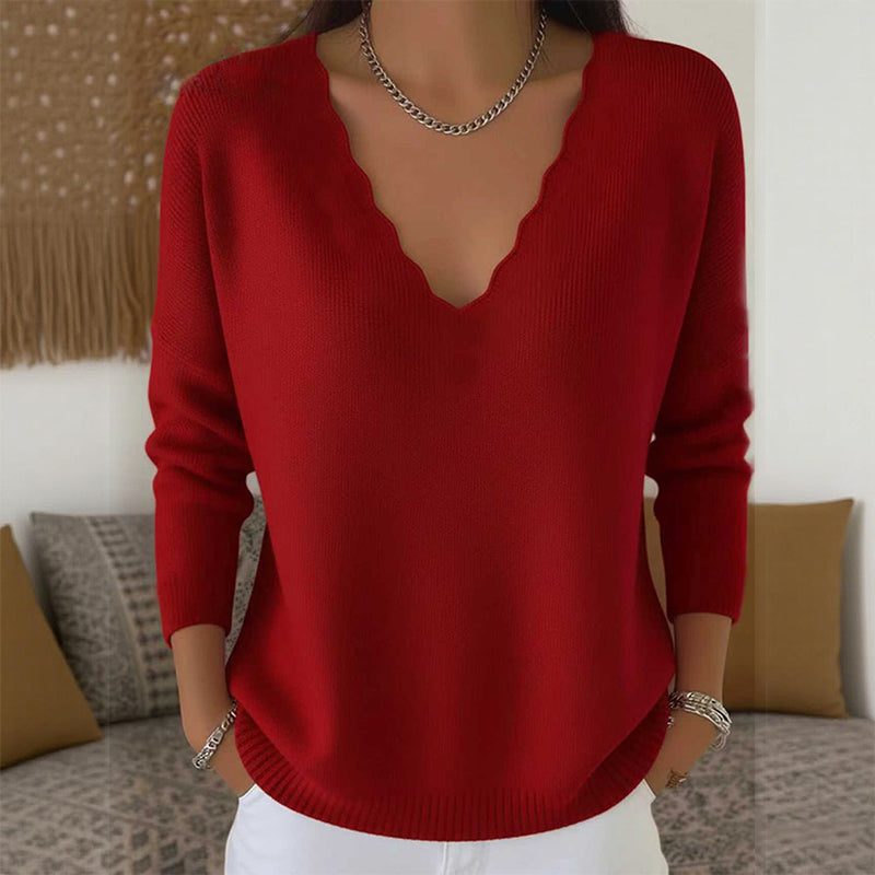 Pull en maille pour femme, col V bordé de festons