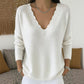 Pull en maille pour femme, col V bordé de festons