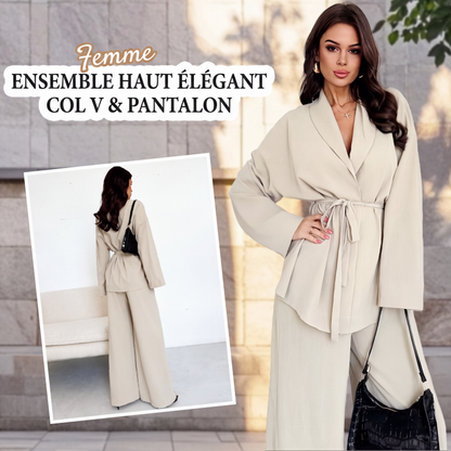Ensemble 2 pièces pour femme : haut élégant à col V et pantalon large