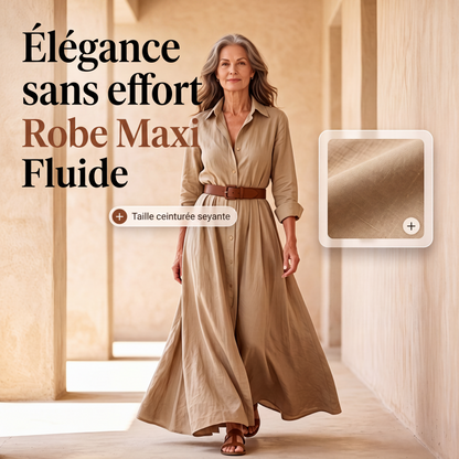 Robe longue pour femme avec chemise à manches longues et ceinture, col classique rabattu, robe longue pour vacances et séjour en resort
