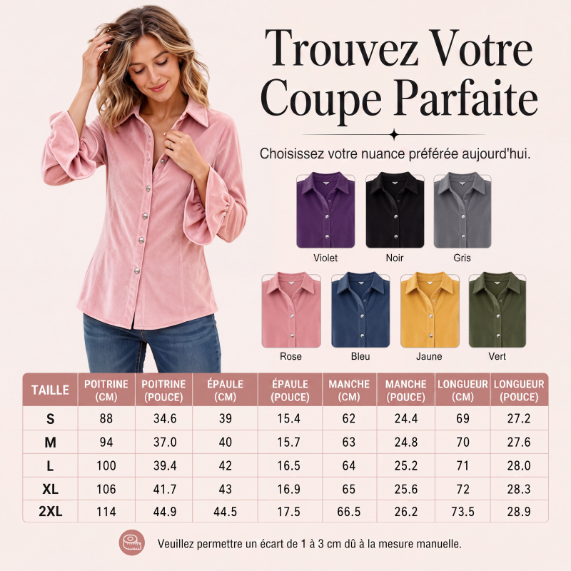 Chemisier en velours à boutons pour femmes, manches à volants