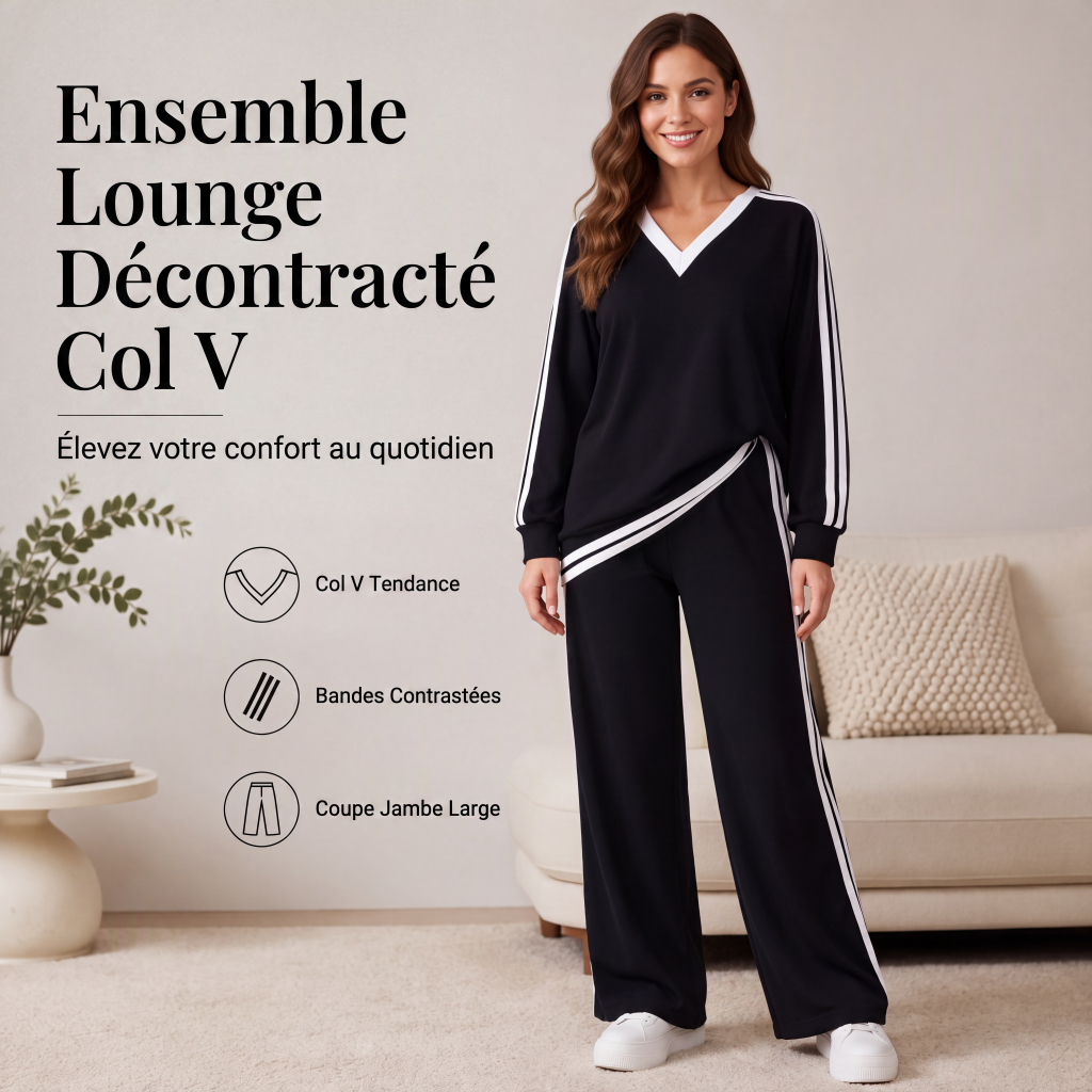 Ensemble décontracté deux pièces pour femme : haut à col V et manches longues avec pantalon rayé à jambes larges