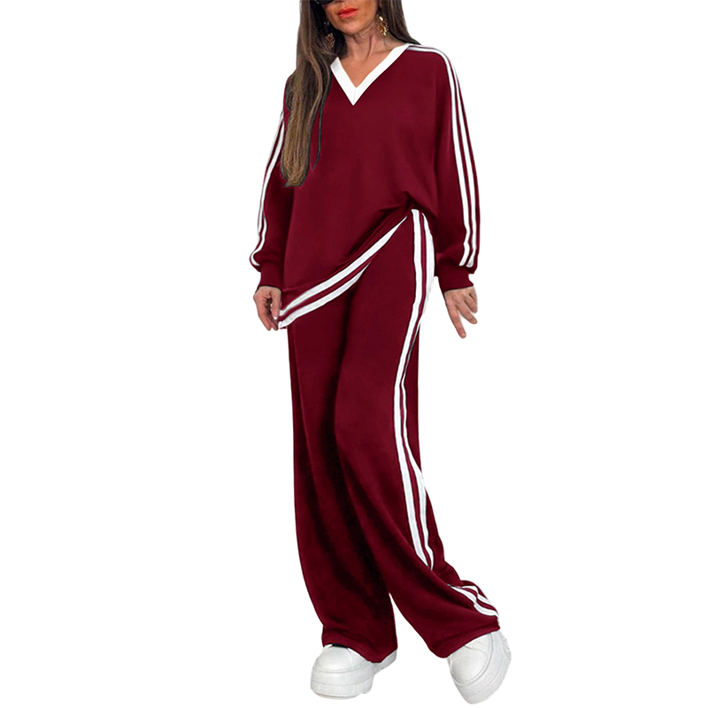 Ensemble décontracté deux pièces pour femme : haut à col V et manches longues avec pantalon rayé à jambes larges