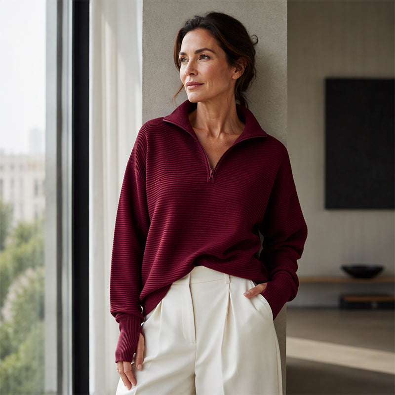 🧥✨ Pull Femme Zippé au Quart – 50% DE RÉDUCTION ! Tissu stretch doux, texture côtelée, coupe décontractée – style sportif au quotidien. 🔥🌸