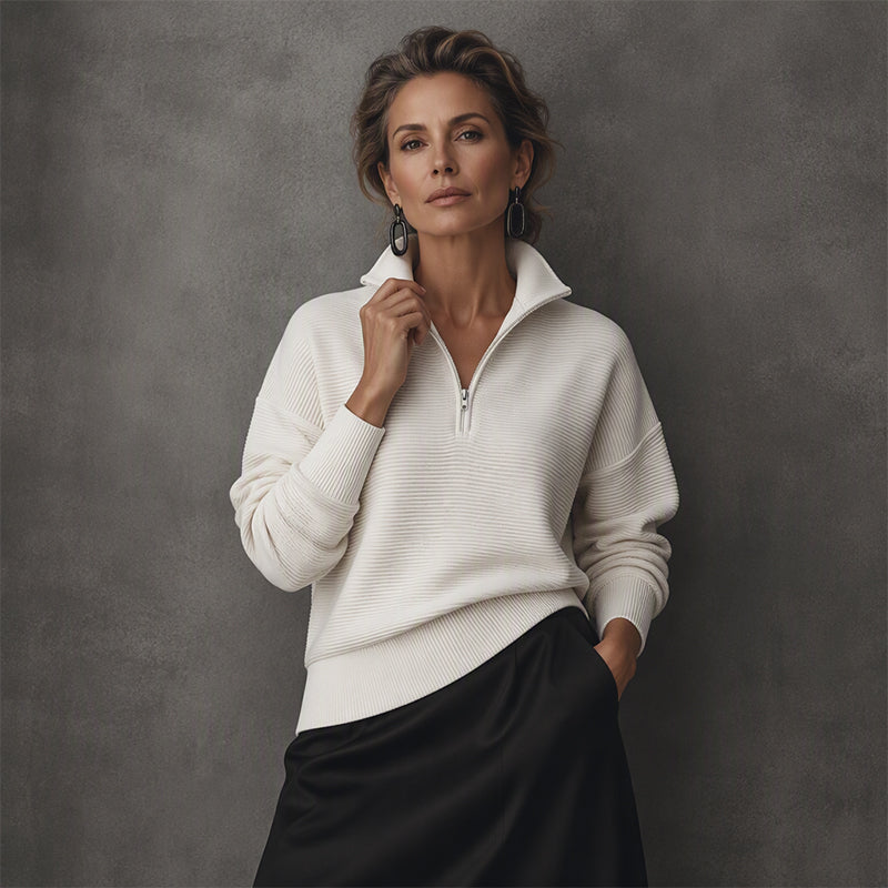 🧥✨ Pull Femme Zippé au Quart – 50% DE RÉDUCTION ! Tissu stretch doux, texture côtelée, coupe décontractée – style sportif au quotidien. 🔥🌸