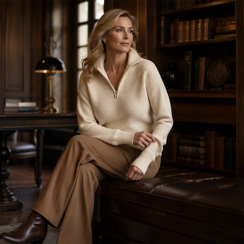 🧥✨ Pull Femme Zippé au Quart – 50% DE RÉDUCTION ! Tissu stretch doux, texture côtelée, coupe décontractée – style sportif au quotidien. 🔥🌸