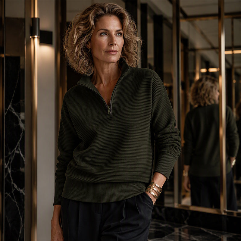 🧥✨ Pull Femme Zippé au Quart – 50% DE RÉDUCTION ! Tissu stretch doux, texture côtelée, coupe décontractée – style sportif au quotidien. 🔥🌸