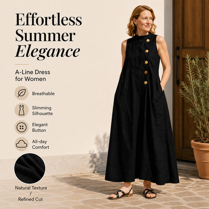 Robe longue chic sans manches à boutons pour femme