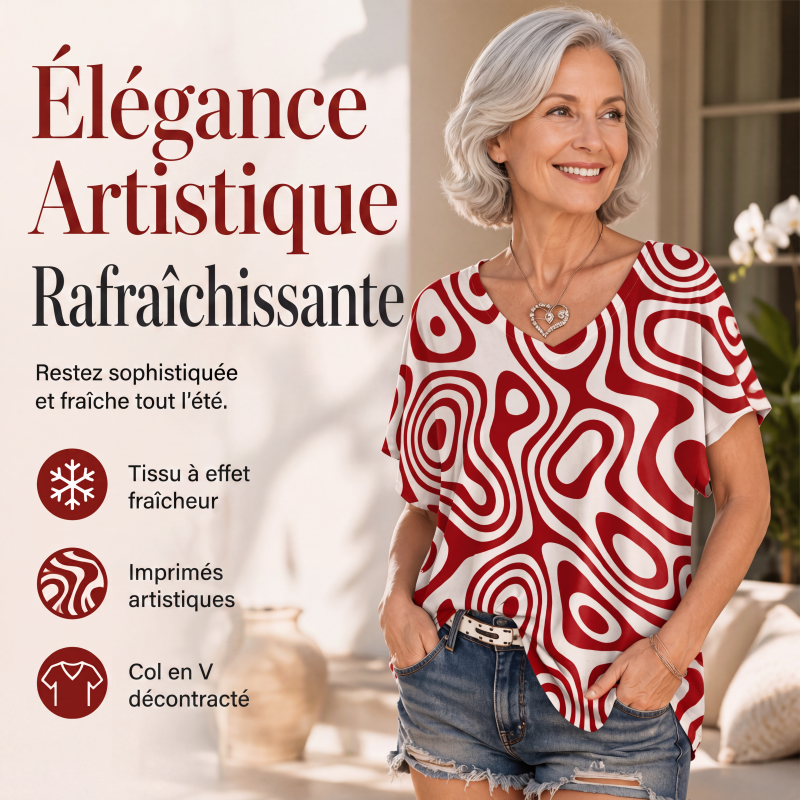 🎉Promotion exceptionnelle 2026 : 50 % de réduction💞 T-shirt femme à col en V imprimé et effet rafraîchissant