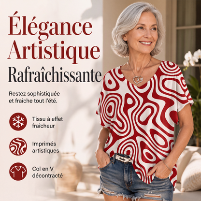 🎉Promotion exceptionnelle 2026 : 50 % de réduction💞 T-shirt femme à col en V imprimé et effet rafraîchissant
