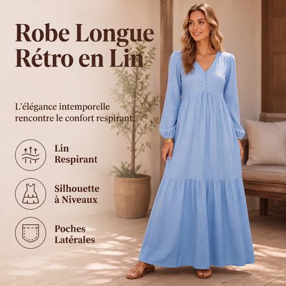Robe longue décontractée pour femme à col V et manches longues