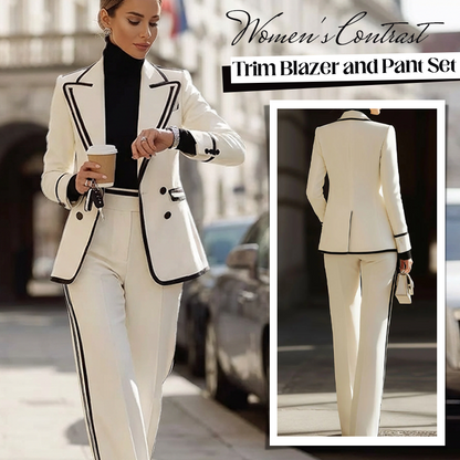 ✨Nouveautés et offres spéciales – Ensemble blazer et pantalon à bordures contrastées pour femme