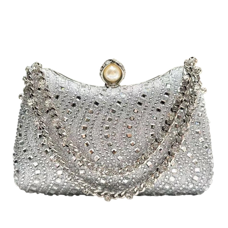 💎💋 -50% ! 👗Pochette de Soirée Élégante à Fermoir Perle – PU – Strass Haute Densité & Chaîne Amovible – 3-en-1 Main/Épaule pour Mariages et Galas