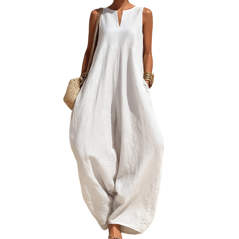 📢📢-50% ! 🍃 Combinaison Femme Sans Manches Col V Jambe Large avec Poches🤍✨