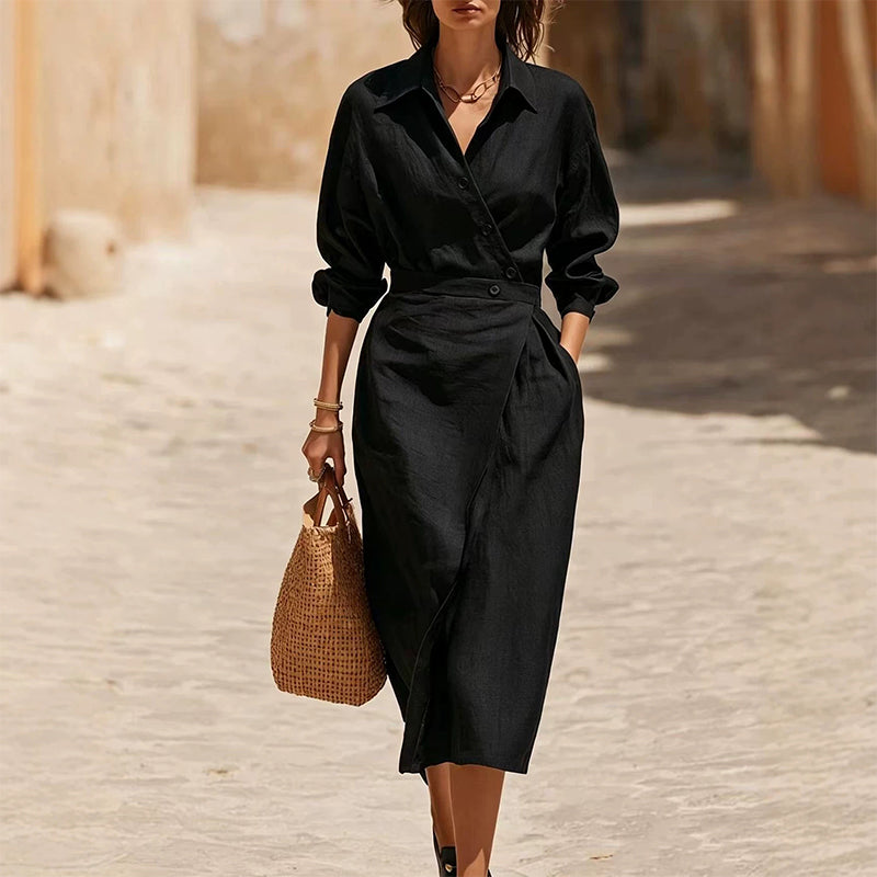 Robe chemise midi portefeuille à col revers pour femme avec poches