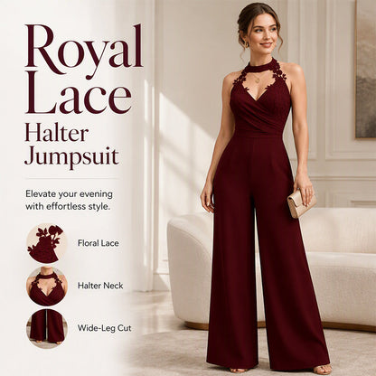 Women Elegant Halter Lace Pleated Wide Leg Jumpsuit