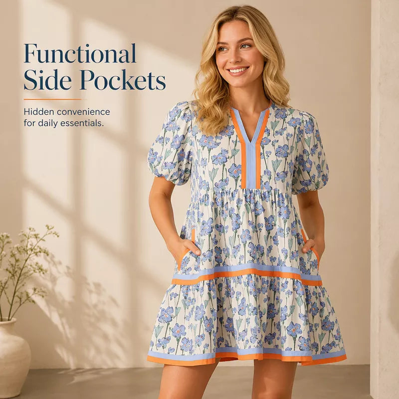 ⏰Soldes d'été : 50 % de réduction💃Mini-robe bohème décontractée pour femme, col en V, imprimé floral, manches courtes bouffantes et patchwork👍✨Tissu doux et coupe confortable