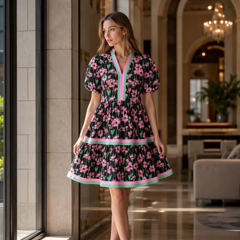 ⏰Soldes d'été : 50 % de réduction💃Mini-robe bohème décontractée pour femme, col en V, imprimé floral, manches courtes bouffantes et patchwork👍✨Tissu doux et coupe confortable