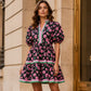 ⏰Soldes d'été : 50 % de réduction💃Mini-robe bohème décontractée pour femme, col en V, imprimé floral, manches courtes bouffantes et patchwork👍✨Tissu doux et coupe confortable