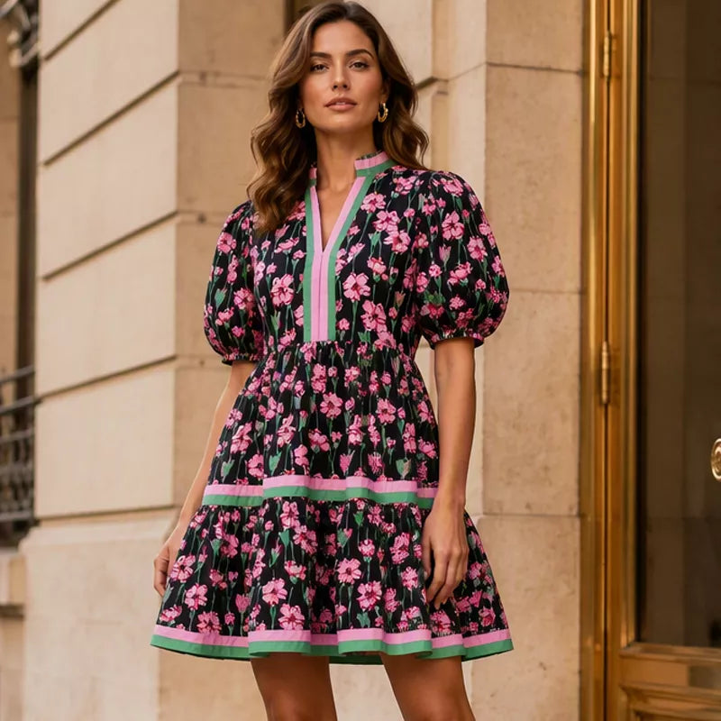 ⏰Soldes d'été : 50 % de réduction💃Mini-robe bohème décontractée pour femme, col en V, imprimé floral, manches courtes bouffantes et patchwork👍✨Tissu doux et coupe confortable