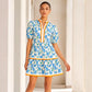 ⏰Soldes d'été : 50 % de réduction💃Mini-robe bohème décontractée pour femme, col en V, imprimé floral, manches courtes bouffantes et patchwork👍✨Tissu doux et coupe confortable