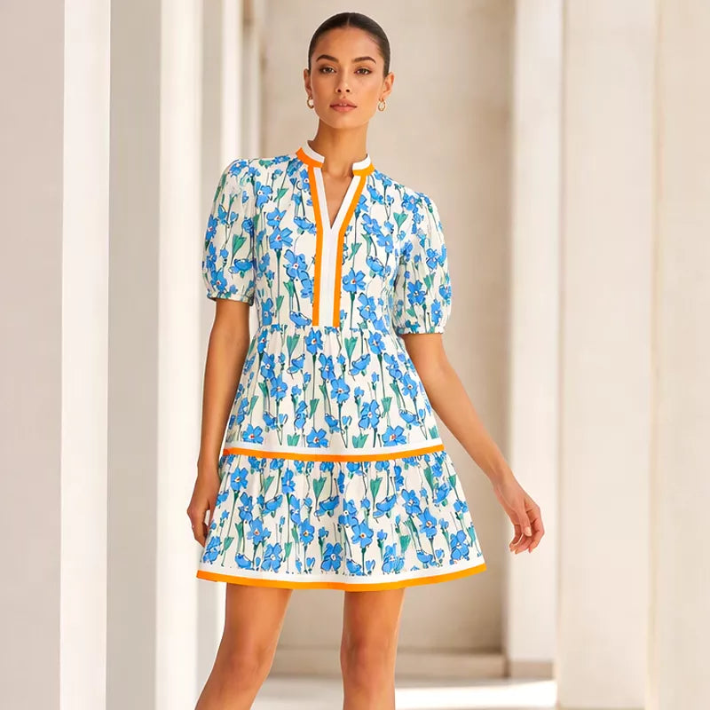 ⏰Soldes d'été : 50 % de réduction💃Mini-robe bohème décontractée pour femme, col en V, imprimé floral, manches courtes bouffantes et patchwork👍✨Tissu doux et coupe confortable