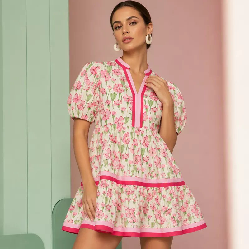 ⏰Soldes d'été : 50 % de réduction💃Mini-robe bohème décontractée pour femme, col en V, imprimé floral, manches courtes bouffantes et patchwork👍✨Tissu doux et coupe confortable