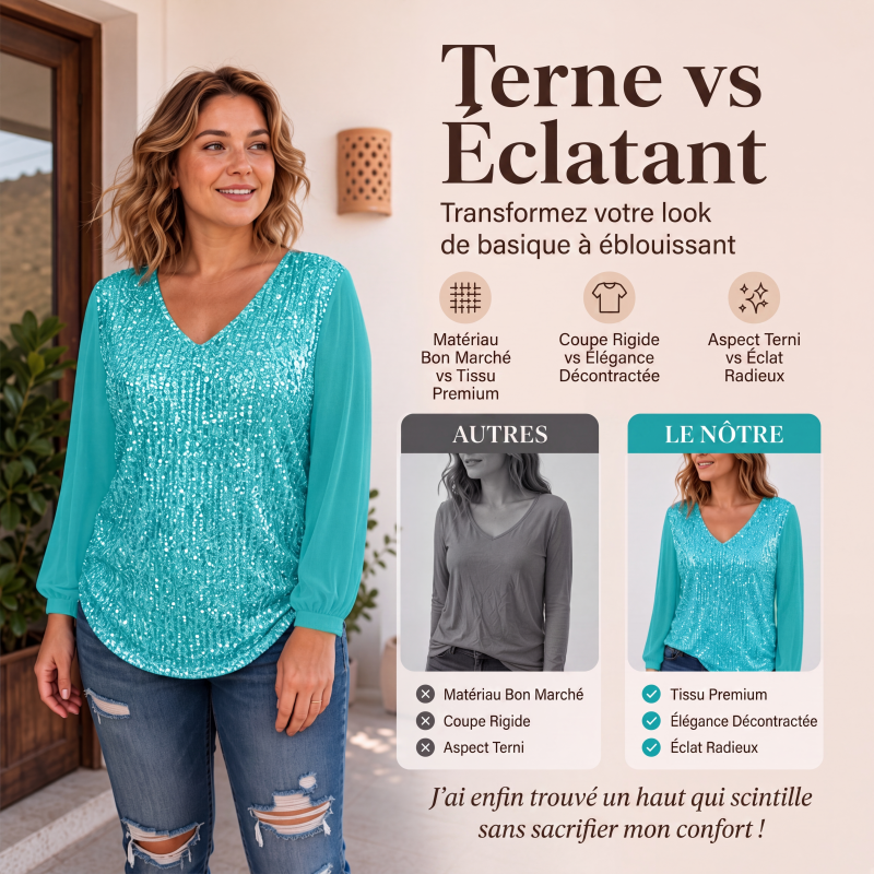 ✨ Top Femme à Col V en Sequins – Élégant, Féminin & Raffiné