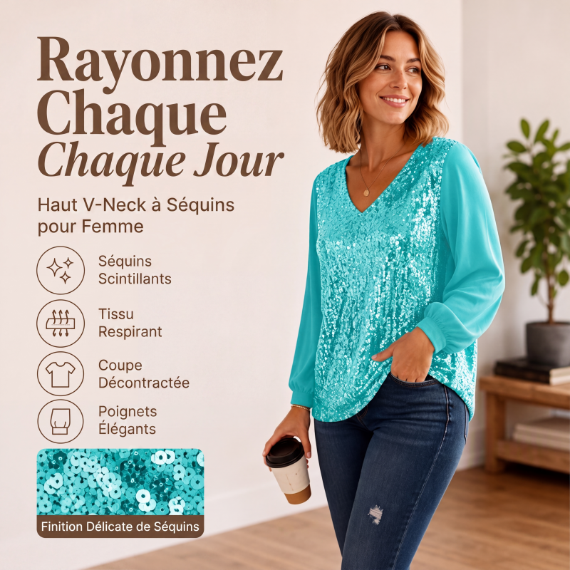 ✨ Top Femme à Col V en Sequins – Élégant, Féminin & Raffiné