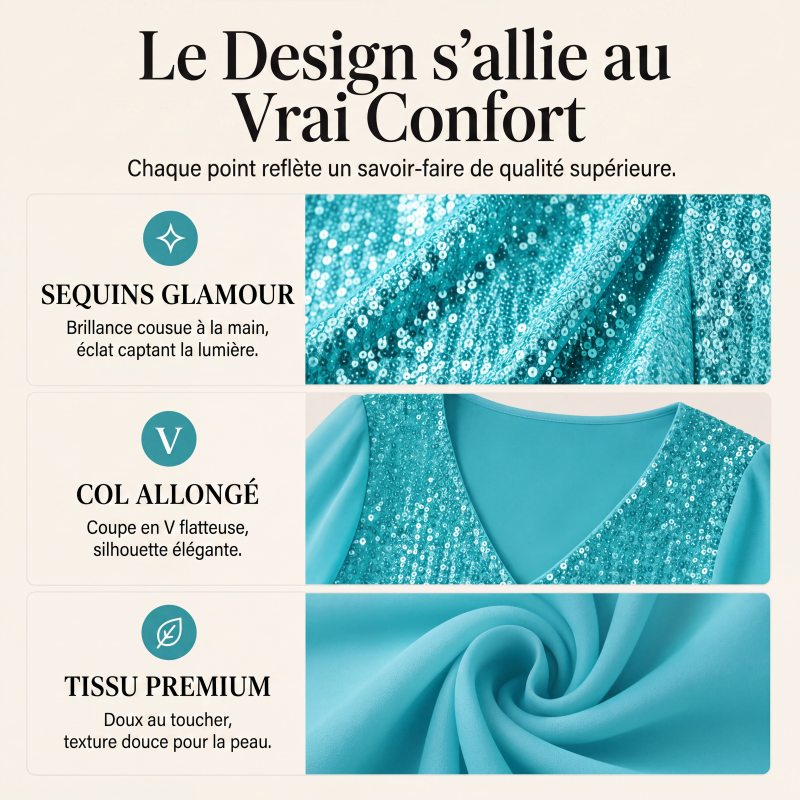 ✨ Top Femme à Col V en Sequins – Élégant, Féminin & Raffiné