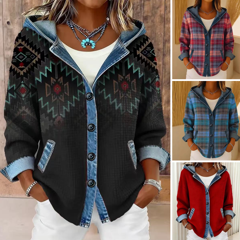 Veste à capuche en jean patchwork pour femme