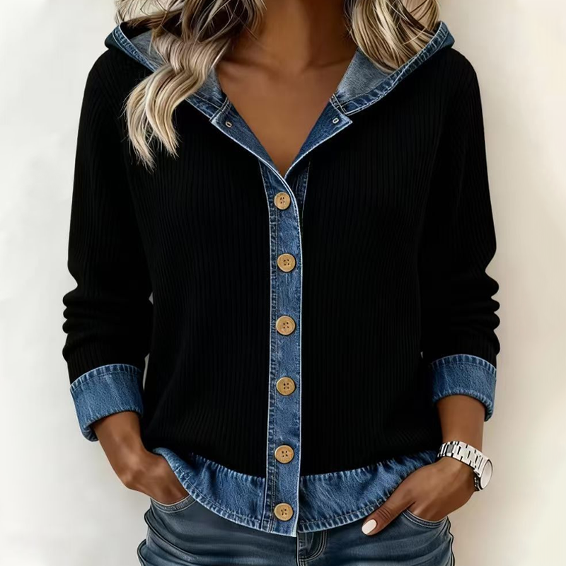 Veste à capuche en jean patchwork pour femme