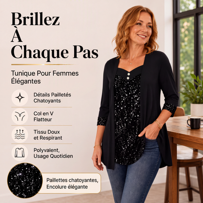 🌙 OFFRE LIMITÉE -50% ! 💕 Haut féminin à paillettes et patchwork, style faux deux-pièces