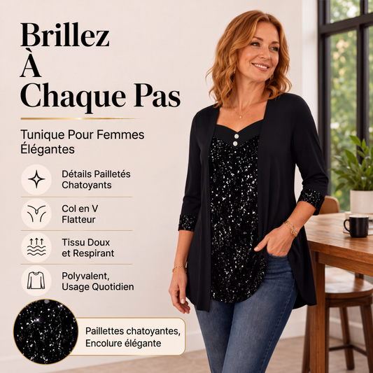 🌙 OFFRE LIMITÉE -50% ! 💕 Haut féminin à paillettes et patchwork, style faux deux-pièces