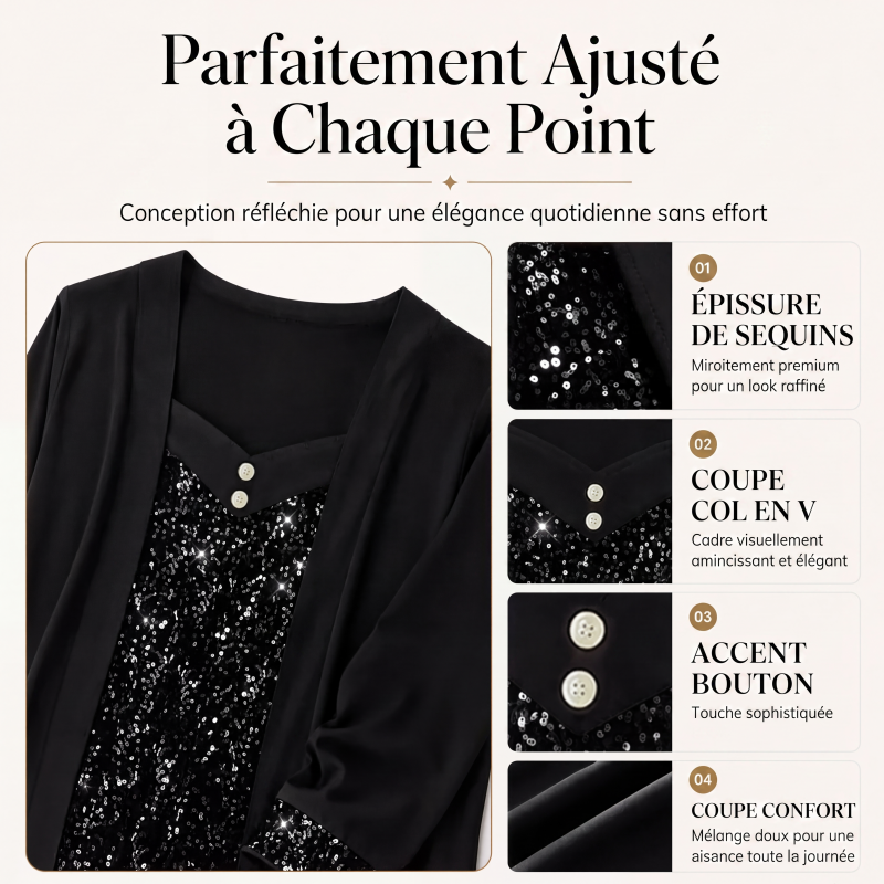 🌙 OFFRE LIMITÉE -50% ! 💕 Haut féminin à paillettes et patchwork, style faux deux-pièces