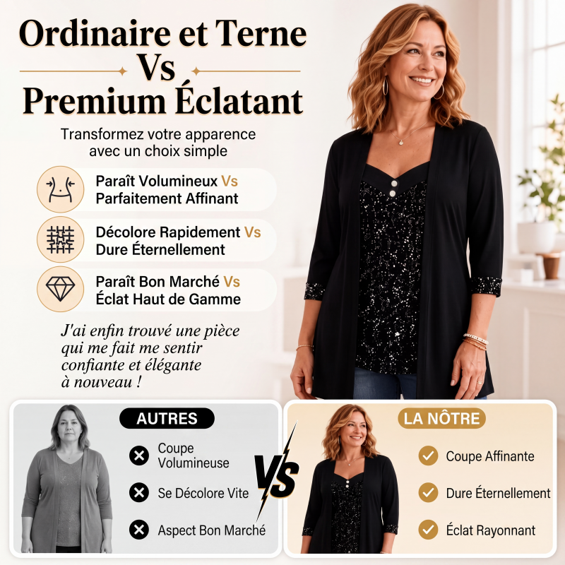 🌙 OFFRE LIMITÉE -50% ! 💕 Haut féminin à paillettes et patchwork, style faux deux-pièces